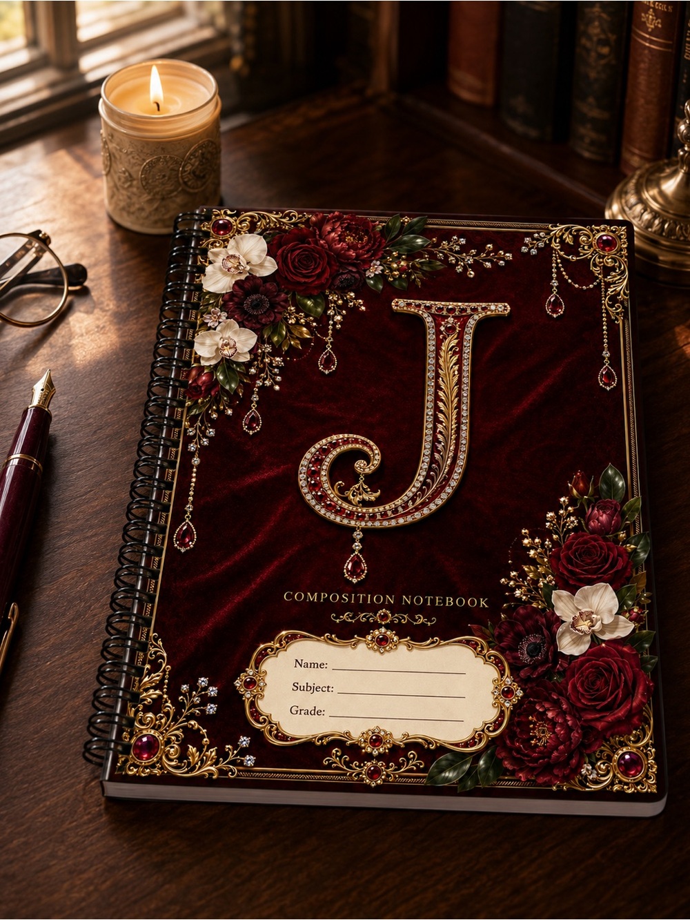 Monogram J Burgundy Floral Composition Notebook - Elegant Spiral Journal